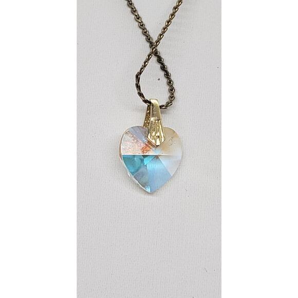Vintage Heart Necklace Crystal AB Iridescent Sparkle Pendant Charm - Picture 1 of 7